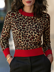 Leopard Contrast Trim Crew Neck Knit Top