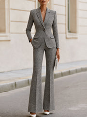 Houndstooth Single‑Button Blazer & Flared Trousers Two‑Piece Suit