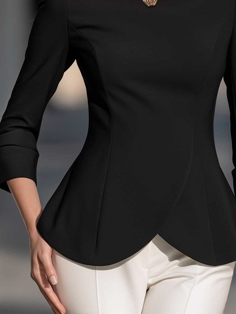 Boat-Neck Three-Quarter Sleeve Peplum Top With Shell Brooch Accent