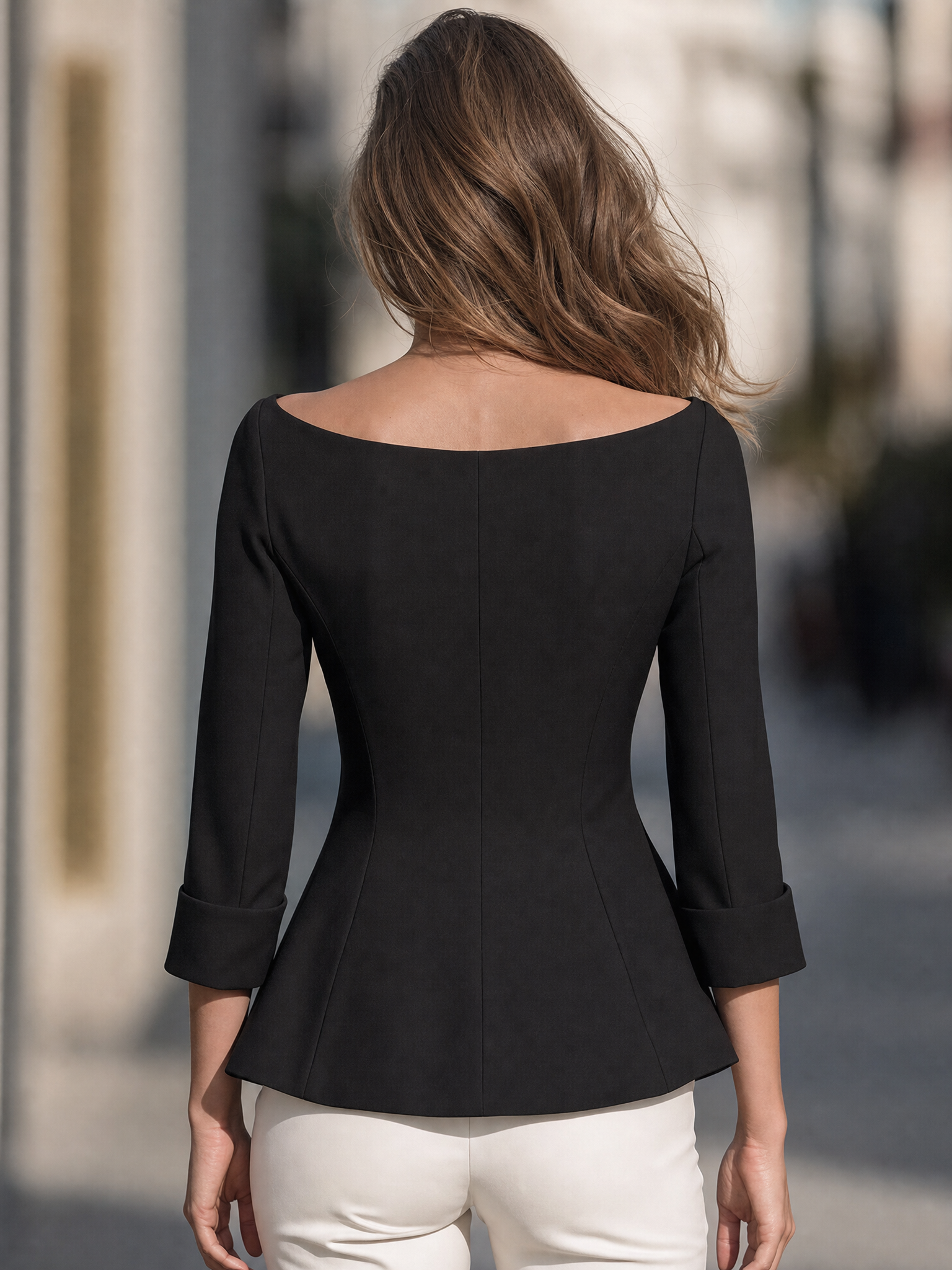 Boat-Neck Three-Quarter Sleeve Peplum Top With Shell Brooch Accent