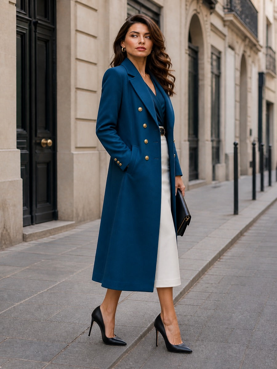 Double-Breasted Long Coat, Wrap Top And Pencil Skirt Three-Piece Set