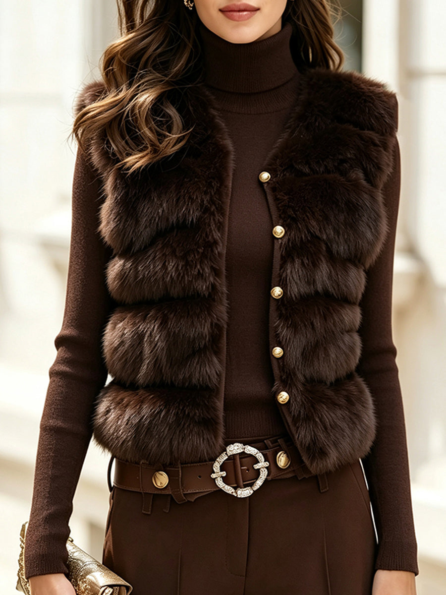 Turtleneck Knit Sweater And Faux Fur Vest Two-Piece Set