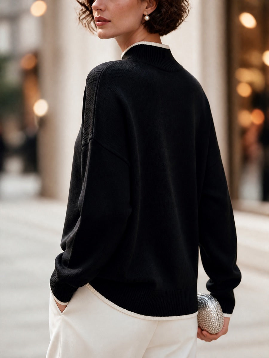 Women's Contrast Trim Mock Neck Long Sleeve Knit Sweater