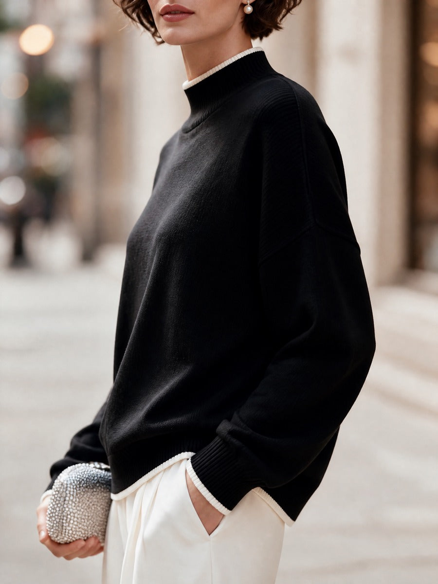 Women's Contrast Trim Mock Neck Long Sleeve Knit Sweater