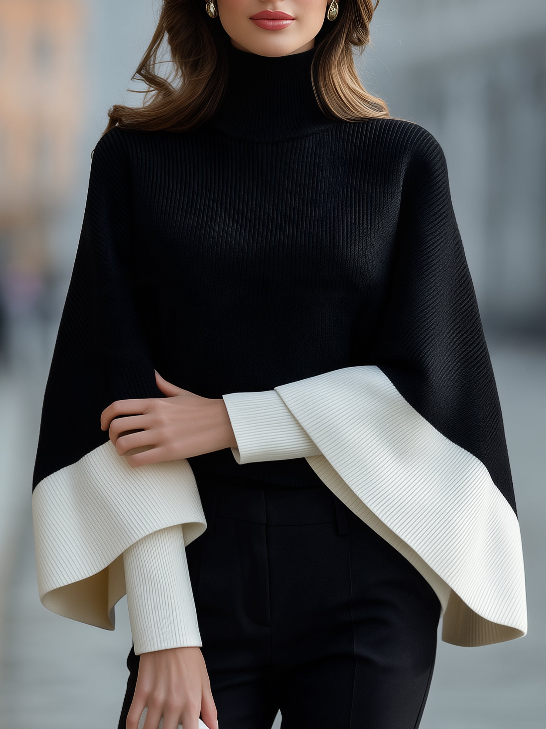 Turtleneck Batwing Cape Sweater Color Block Poncho Top