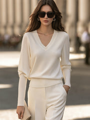 Refined V-Neck Long Sleeve Ribbed Knit Sweater