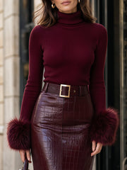Mock Neck Fur-Cuff Knit Top & Croc-Embossed Midi Skirt Tailored Set