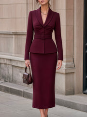 Shawl Collar Belted Peplum Blazer & Midi Skirt Tailored Set