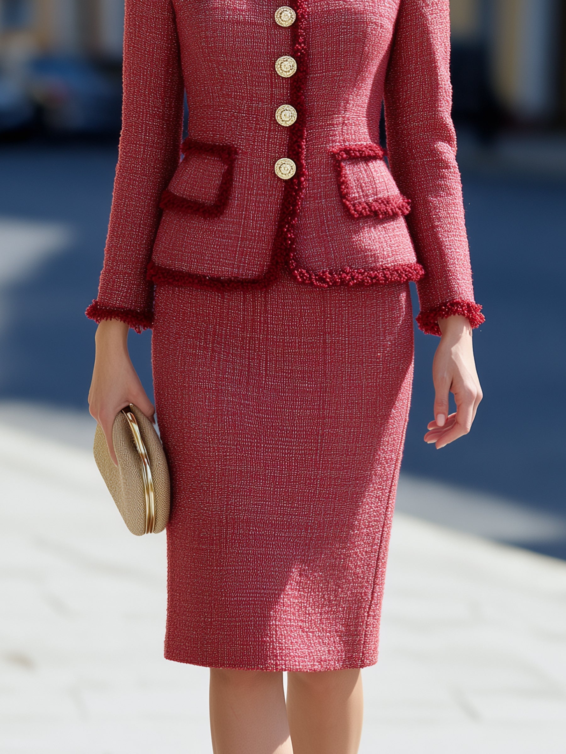 Tweed Two-Piece Suit Set Fringe Trim Jacket & Pencil Skirt