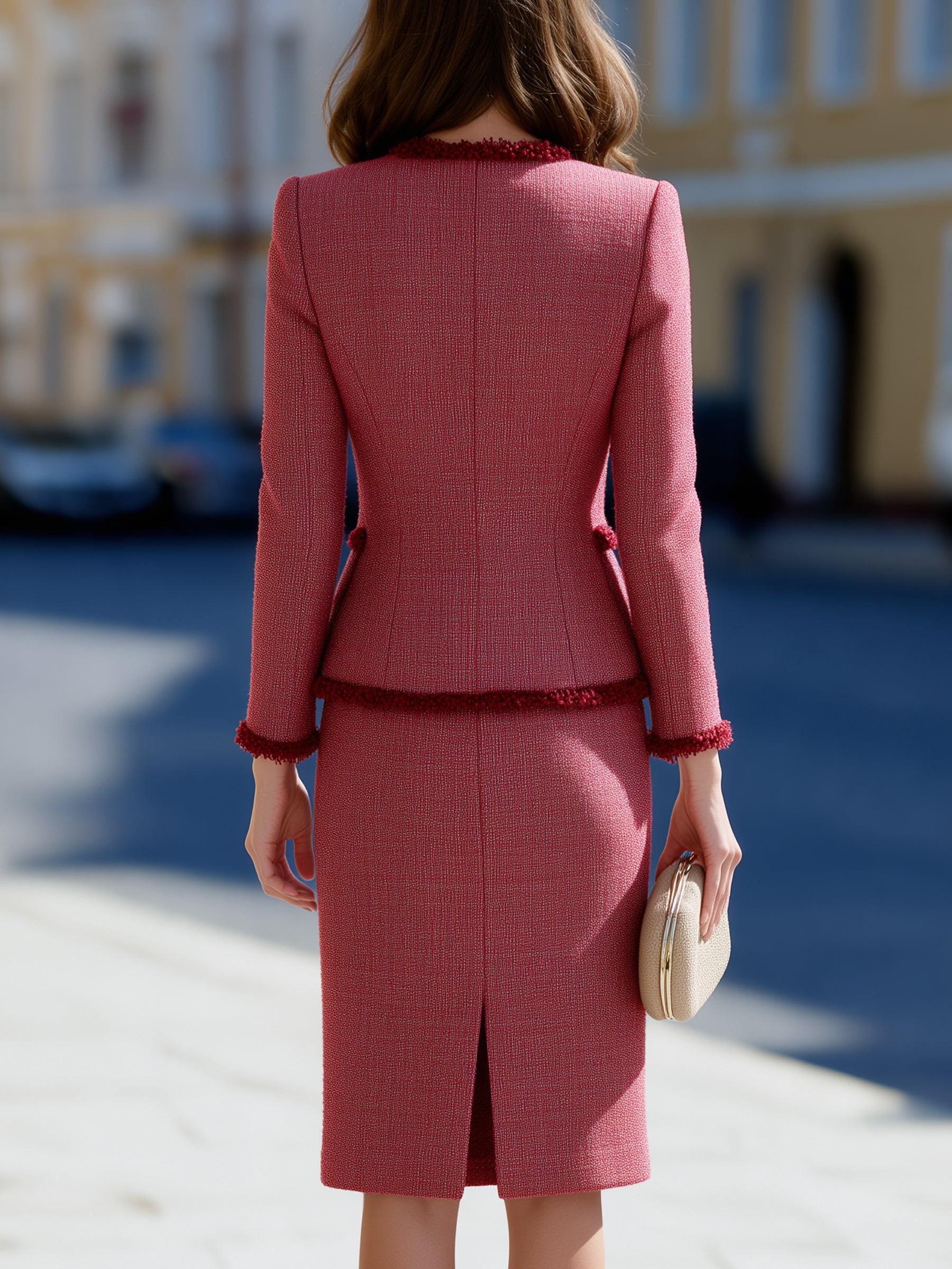 Tweed Two-Piece Suit Set Fringe Trim Jacket & Pencil Skirt
