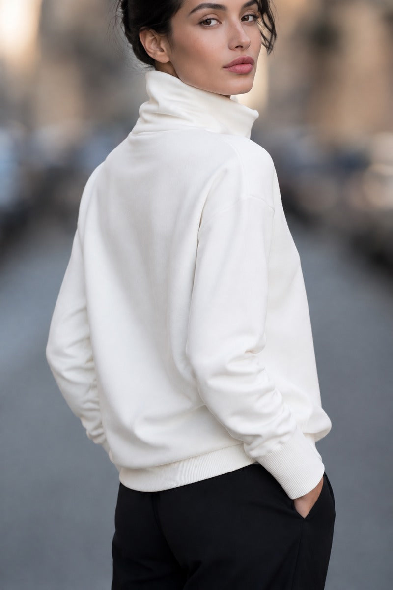 Women's Oversized High Collar Fleece Sweatshirt with Button Detail