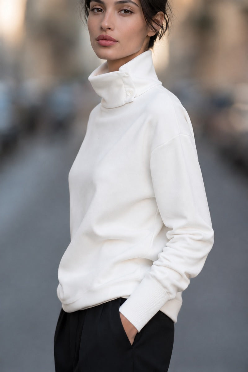 Women's Oversized High Collar Fleece Sweatshirt with Button Detail