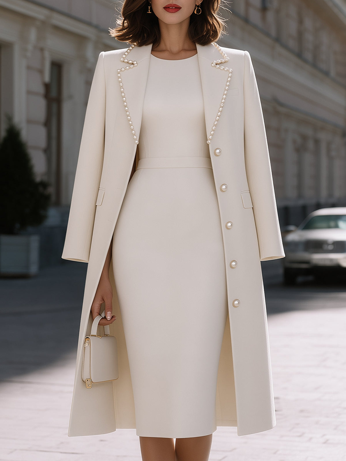 Elegant Pearl-Trim Coat With Sheath Dress Set