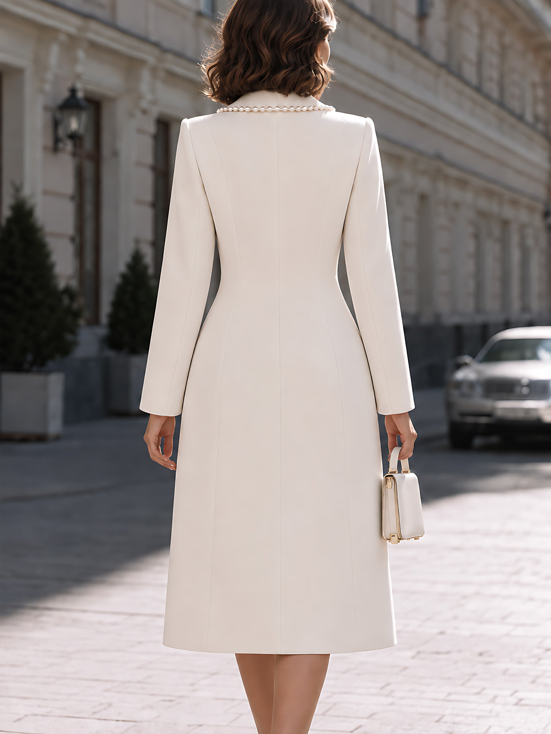 Elegant Pearl-Trim Coat With Sheath Dress Set