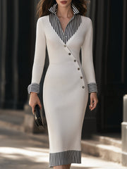 Contrast Striped Collar Faux Wrap Knit Midi Dress