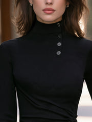Ribbed Mock Neck Button Detail Ruched Knit Top