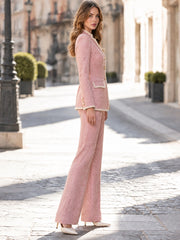 Braided Trim Stand Collar Tweed Blazer And Flared Trouser Suit Set