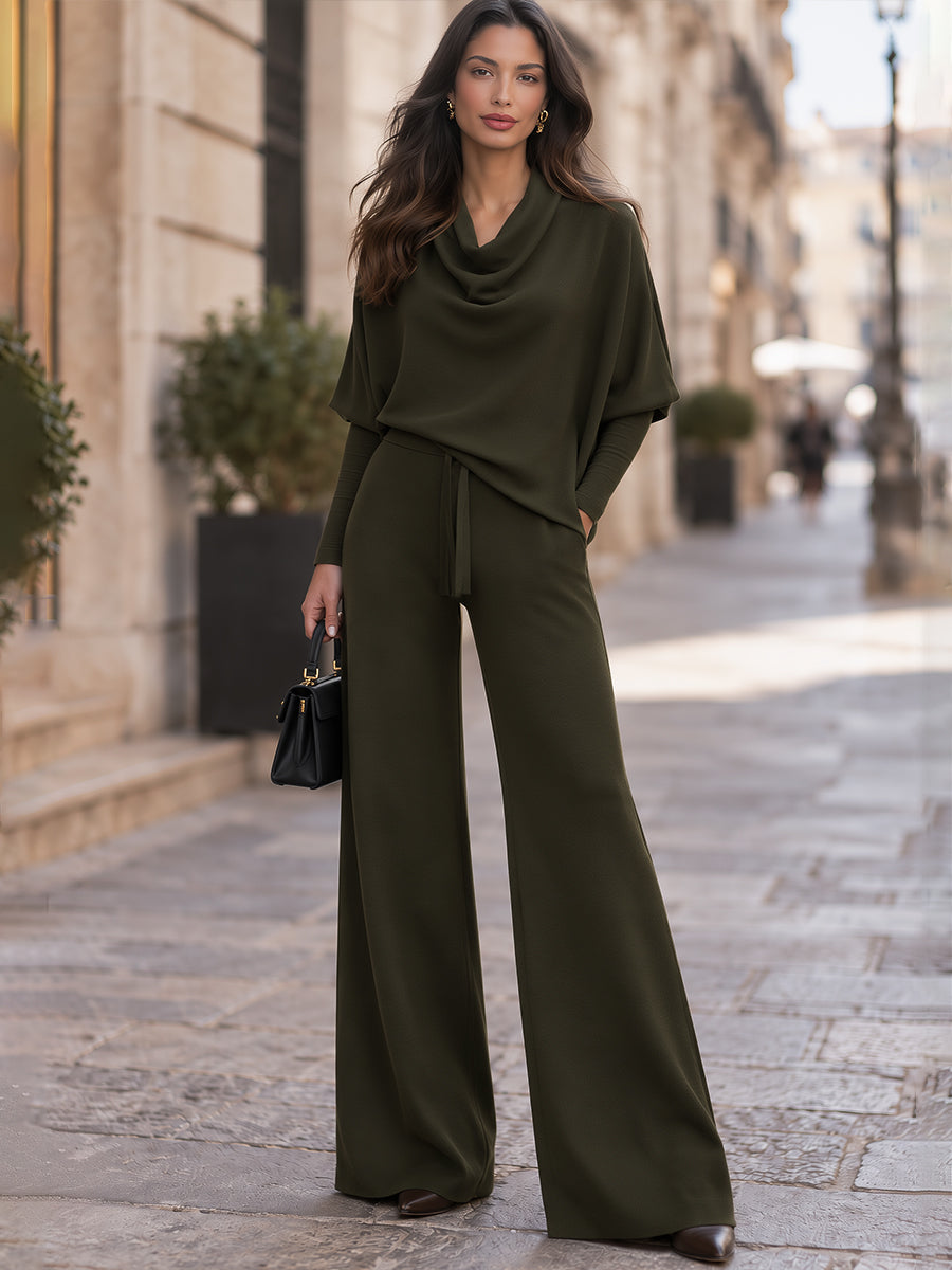 Cowl Neck Drawstring Top & Wide Leg Pants Two-Piece Set