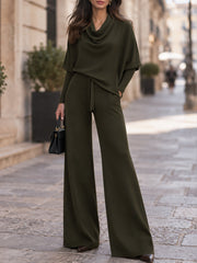 Cowl Neck Drawstring Top & Wide Leg Pants Two-Piece Set
