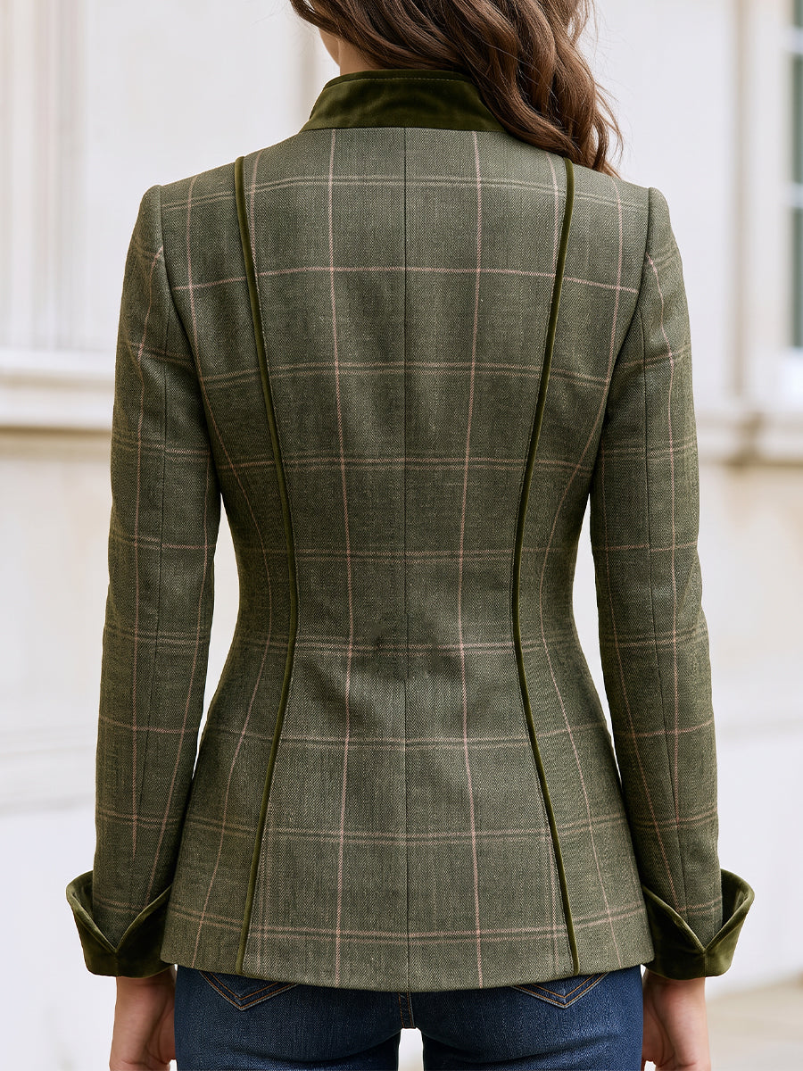 Plaid Wool Blazer, Velvet Trim Stand‑Collar Tailored Jacket For Women