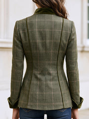 Plaid Wool Blazer, Velvet Trim Stand‑Collar Tailored Jacket For Women