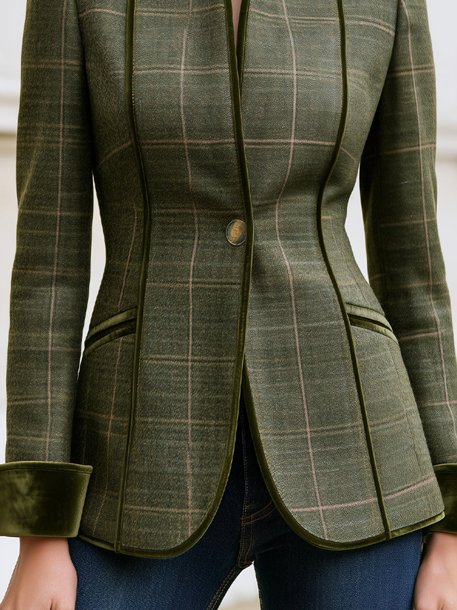 Plaid Wool Blazer, Velvet Trim Stand‑Collar Tailored Jacket For Women