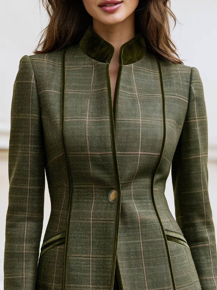 Plaid Wool Blazer, Velvet Trim Stand‑Collar Tailored Jacket For Women