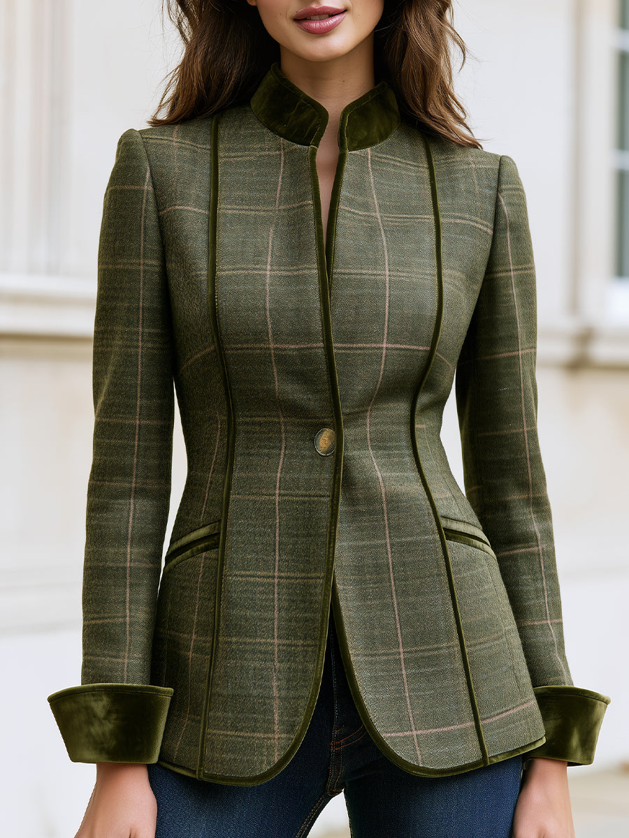 Plaid Wool Blazer, Velvet Trim Stand‑Collar Tailored Jacket For Women