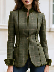 Plaid Wool Blazer, Velvet Trim Stand‑Collar Tailored Jacket For Women