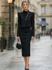Asymmetric Button-Up Jacket & Midi Skirt Tailored Set