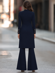 Stand Collar Long Sleeve Asymmetric Gold-Tone Button-Front Longline Tunic Jacket And Flared Pants Two-Piece Set