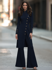Stand Collar Long Sleeve Asymmetric Gold-Tone Button-Front Longline Tunic Jacket And Flared Pants Two-Piece Set