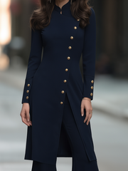 Stand Collar Long Sleeve Asymmetric Gold-Tone Button-Front Longline Tunic Jacket And Flared Pants Two-Piece Set