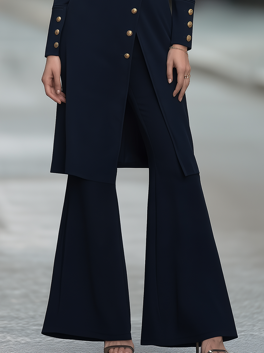 Stand Collar Long Sleeve Asymmetric Gold-Tone Button-Front Longline Tunic Jacket And Flared Pants Two-Piece Set