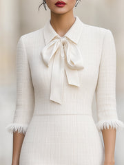 Bow Tie Collar Fringe Trim Midi Dress