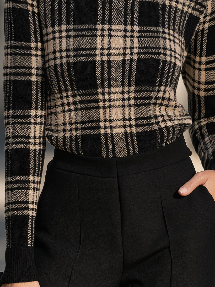 Plaid Turtleneck Long Sleeve Knit Sweater