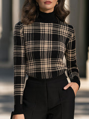 Plaid Turtleneck Long Sleeve Knit Sweater