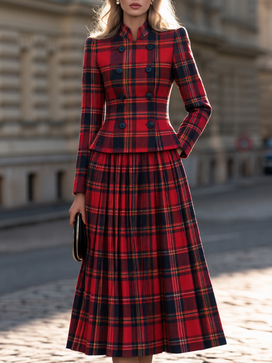 Elegant Tartan Plaid Two-Piece Set - Double-Breasted Jacket & Pleated Midi Skirt