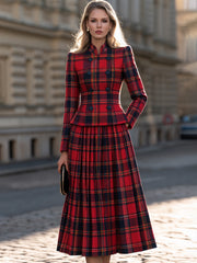 Elegant Tartan Plaid Two-Piece Set - Double-Breasted Jacket & Pleated Midi Skirt
