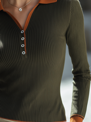 Olive Green Contrast Rust Collar Ribbed Knit Polo Long Sleeve Top