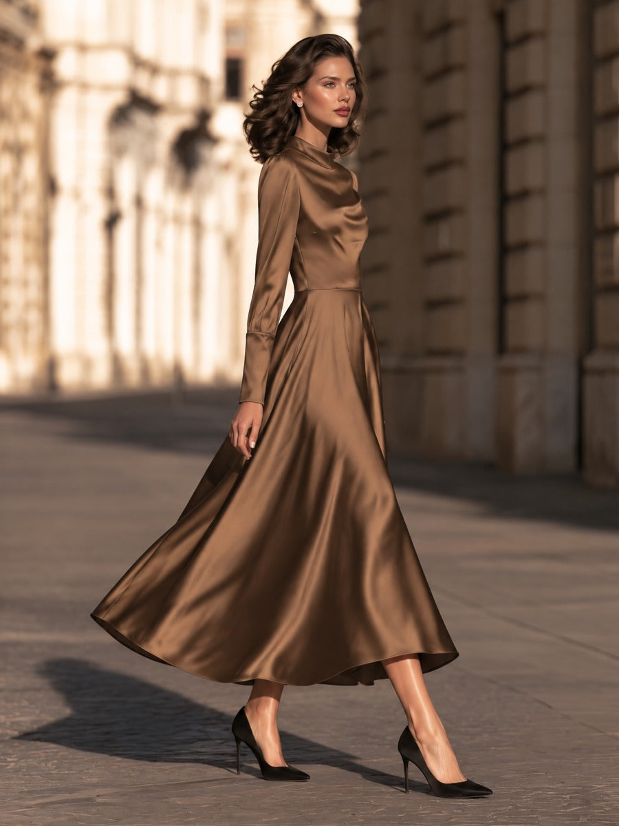 Mock-Neck Satin A-Line Midi Dress