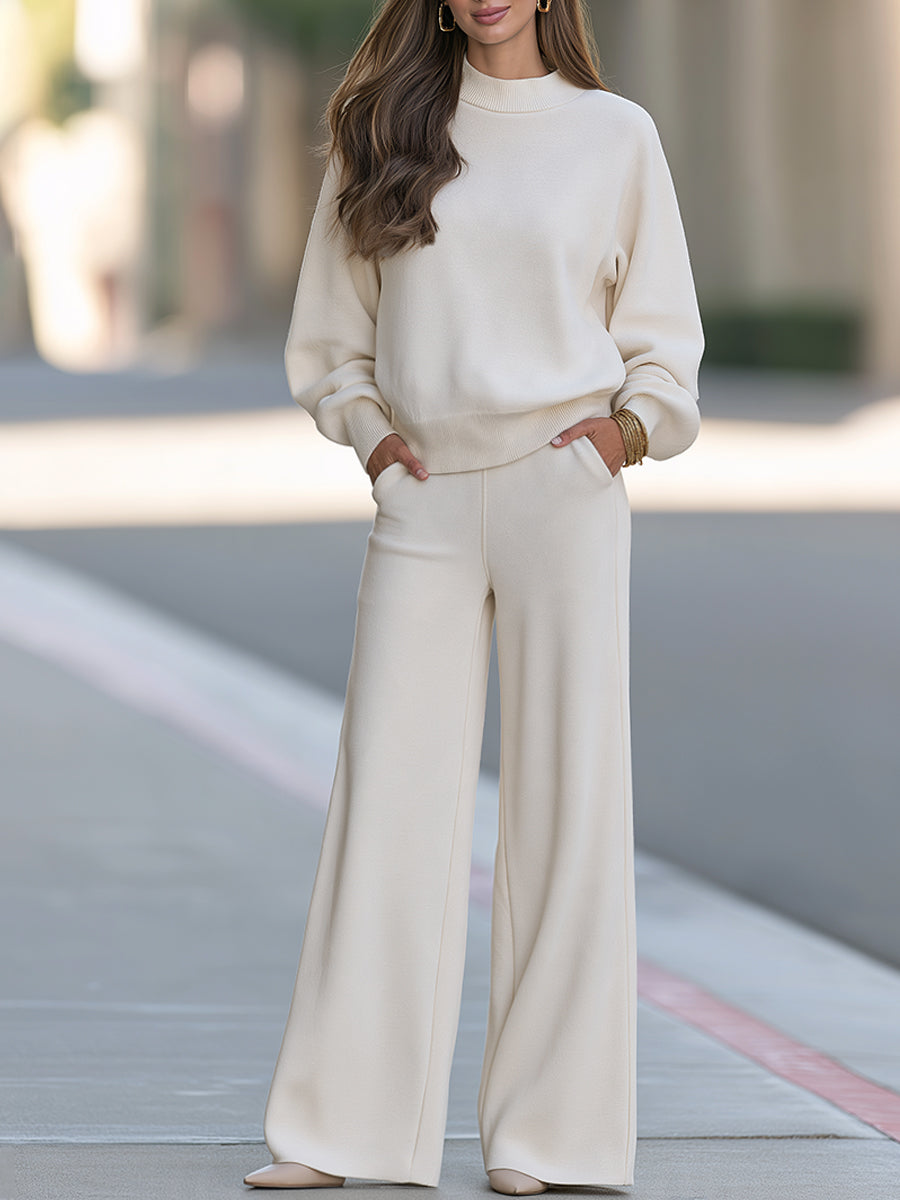 Ivory Mock-Neck Knit Top And Wide-Leg Pants Set