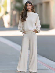 Ivory Mock-Neck Knit Top And Wide-Leg Pants Set