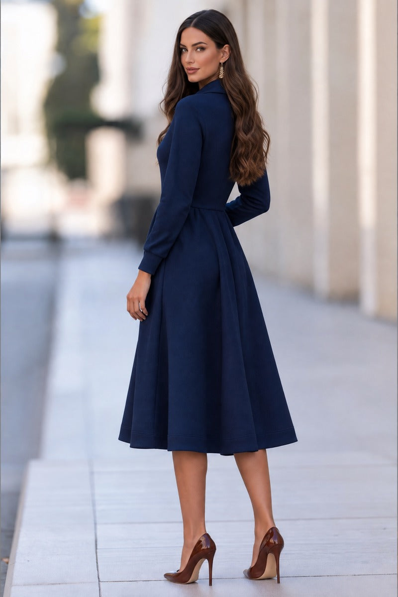 Women's Zip-Up Stand Collar Long Sleeve Fit and Flare Midi Dress