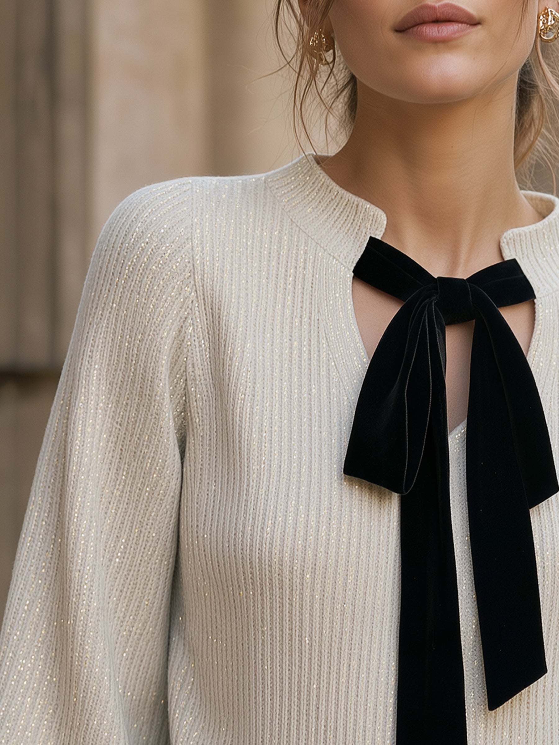 Velvet Bow Tie Ribbed Knit Sweater Top