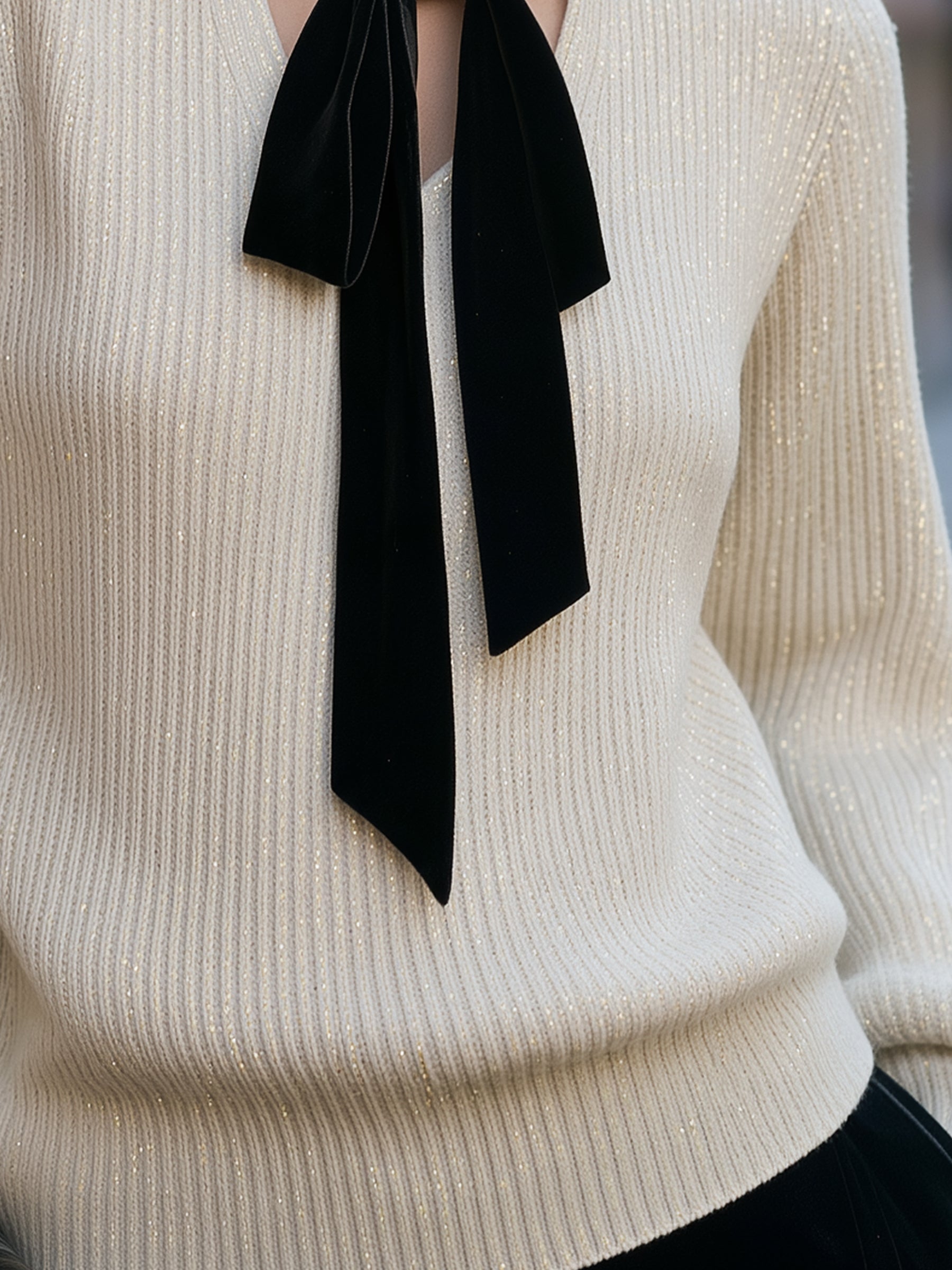 Velvet Bow Tie Ribbed Knit Sweater Top