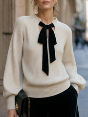 Velvet Bow Tie Ribbed Knit Sweater Top