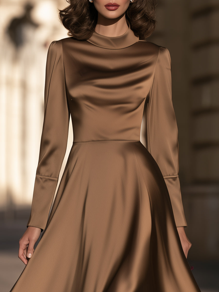 Mock-Neck Satin A-Line Midi Dress
