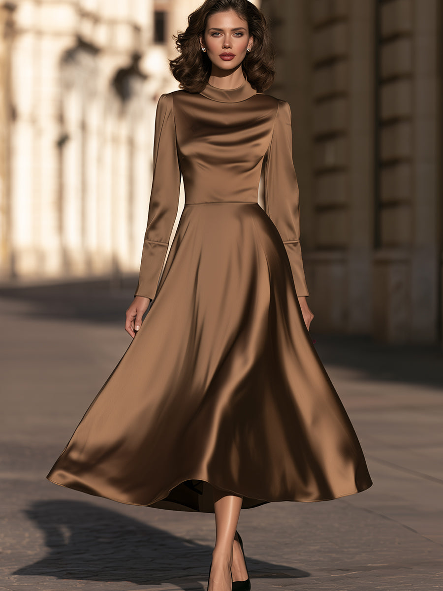 Mock-Neck Satin A-Line Midi Dress