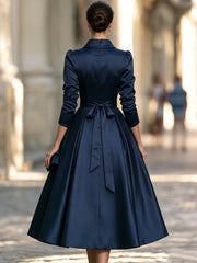 High-Neck Self-belt Satin Midi Dress